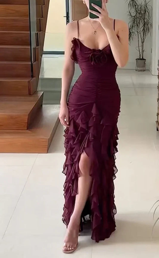 Aimishang Elegant Gowns Evening Dresses Spaghetti Straps Chiffon Ruffle Evening Party Dress