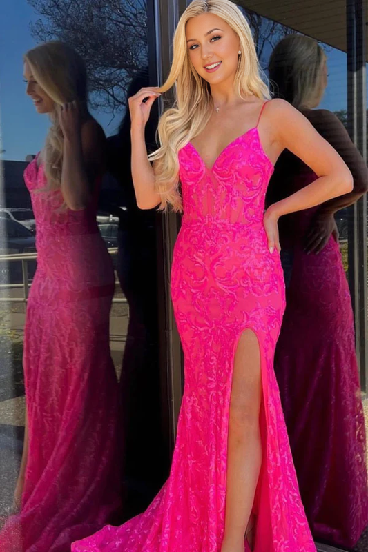 Wholesale Mermaid Evening Dress Spaghetti Straps Sequined Lace Prom Dress With Slit