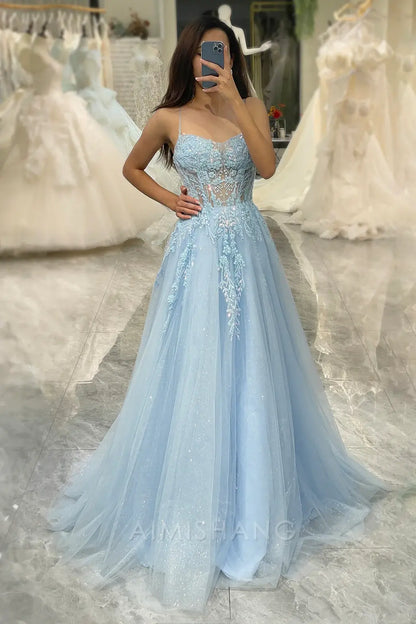 Aimishang A Line Fuchsia Spaghetti Straps Tulle Light Blue Long Prom Dress With Appliques