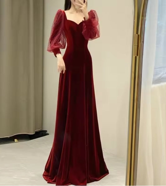 Aimishang Wine Red Velvet Long Sleeves Floor Length Bridesmaid Dress Long Prom Dress Elegant Evening Party Dress
