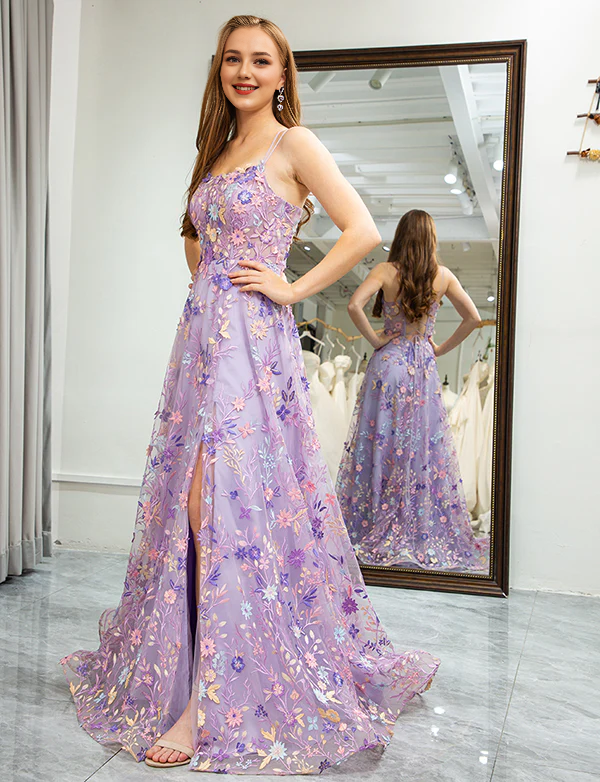 Aimishang Elegant A-Line Spaghetti Straps Long Prom Dress with Appliques Blue Flower Charming Evening Party Dress