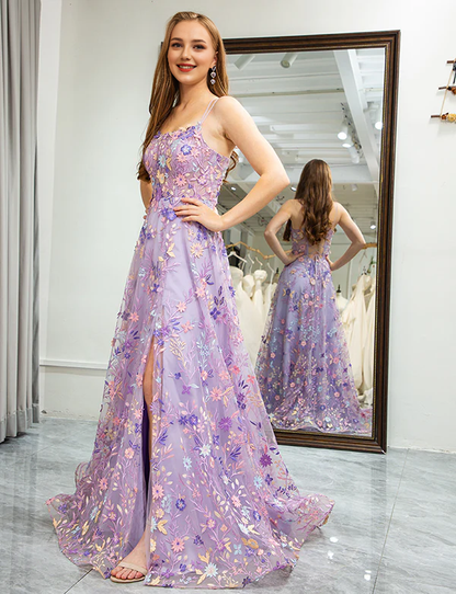 Aimishang Elegant A-Line Spaghetti Straps Long Prom Dress with Appliques Blue Flower Charming Evening Party Dress