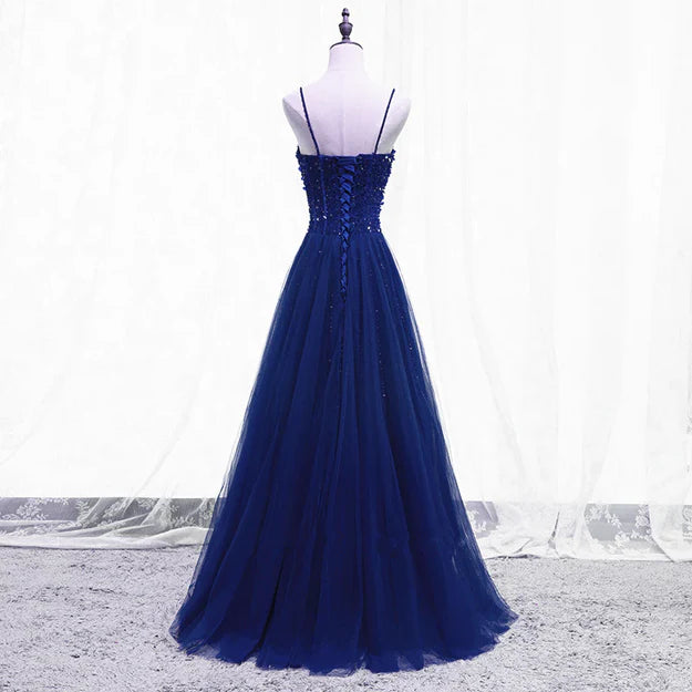 Blue Beaded Straps A-line Tulle New Prom Dress Party Dress Floor Length Party Dress Wholesale