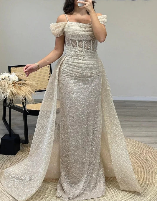 Aimishang Sheath / Column Prom Dresses Elegant Dress Formal Prom Floor Length Short Sleeve Off Shoulder Sequined with Glitter Ruched