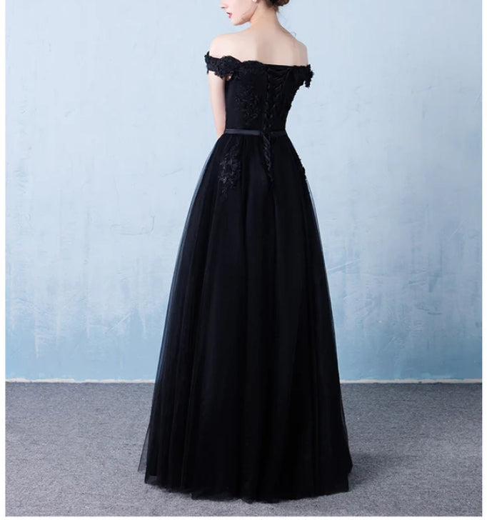 Black Off the Shoulder Tulle A-line Prom Dress New Formal Gown Elegant Evening Dress Wholesale