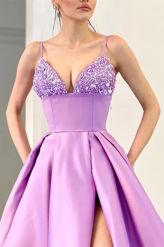 Lavender Spaghetti Straps Sequins A Line Evening Dress With Split Sexy Party Dress