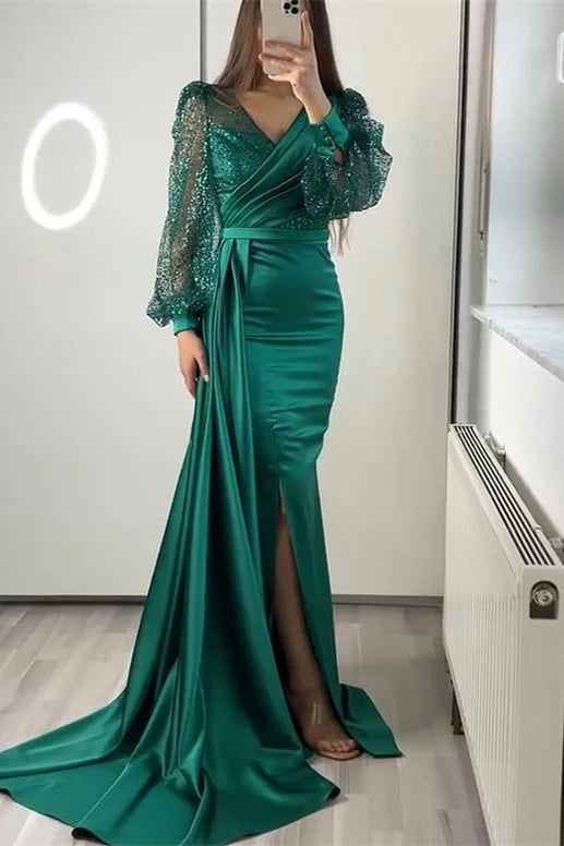 Wholesale Sequins V Neck Long Sleeves Mermaid Split Evening Dress With Ruffle Elegant Party Dress