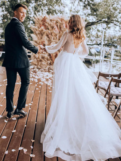 Fascinating Long Sleeves Deep V-neck Lace Backless A-line Wedding Dresses Sexy
