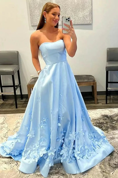 Aimishang A Line Strapless Sleeveless Appliques Evening Dress Online Off Shoulder Prom Dress With Flowers