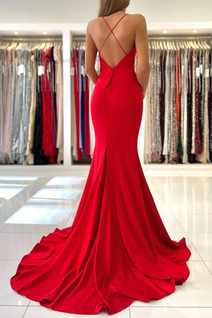 Red Mermaid Evening Dress Spaghetti Strap Long V-neck Sexy Party Dress Formal Dress