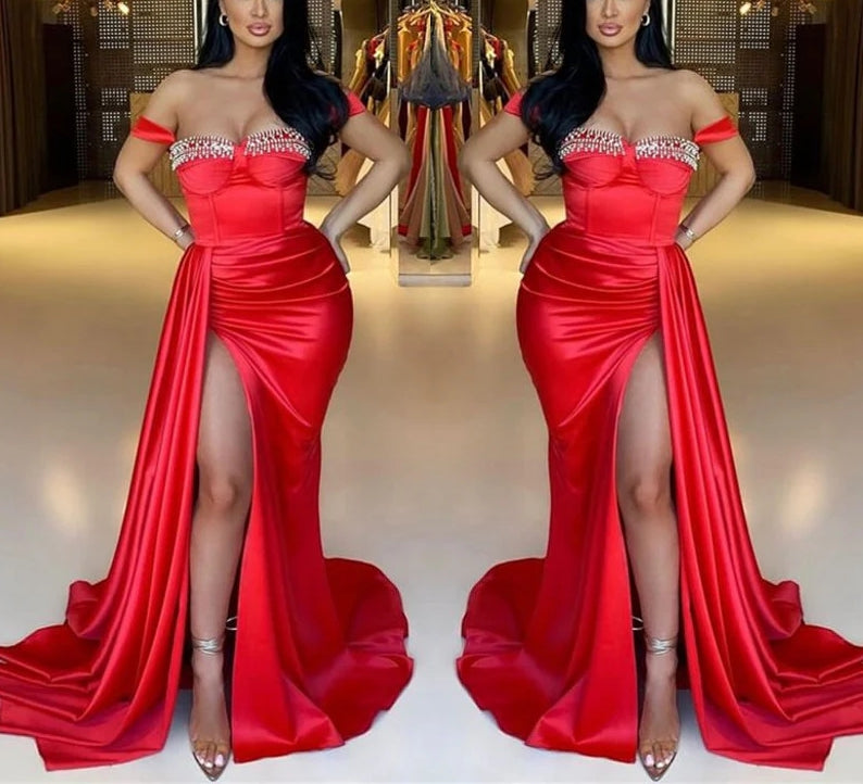 Red Split Mermaid Off The Shoulder Beadings Sweetheart Evening Dress Long With Ruffles Sexy