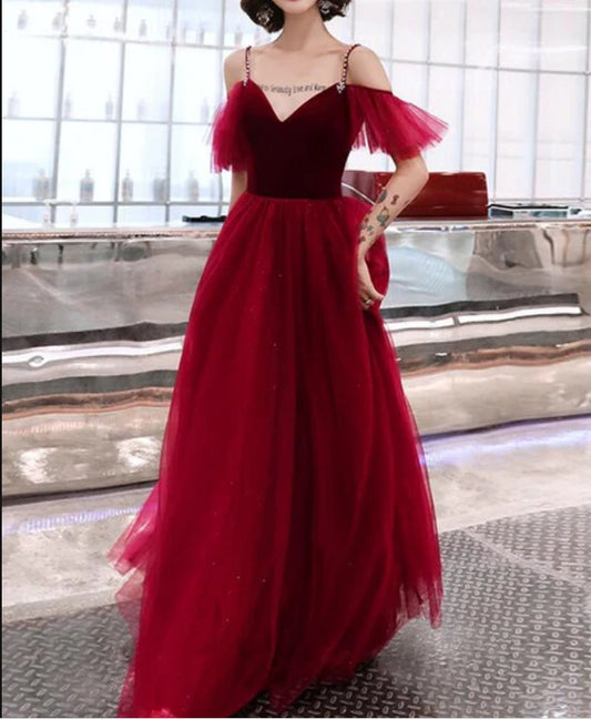 Charming Wine Red Straps Long Evening Party Dresses A-line Straps Prom Dresses Formal Dress Wholesale