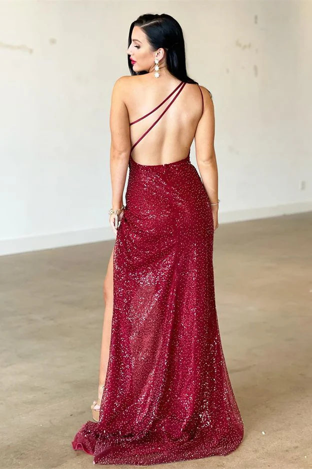 Burgundy One Shoulder Split Mermaid Evening Dress With Backless Sparkly Party Dress Wholesale