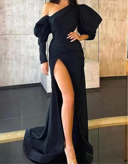 Black Long Sleeve Mermaid Evening Dress With Split One Shoulder Sexy Party Dress