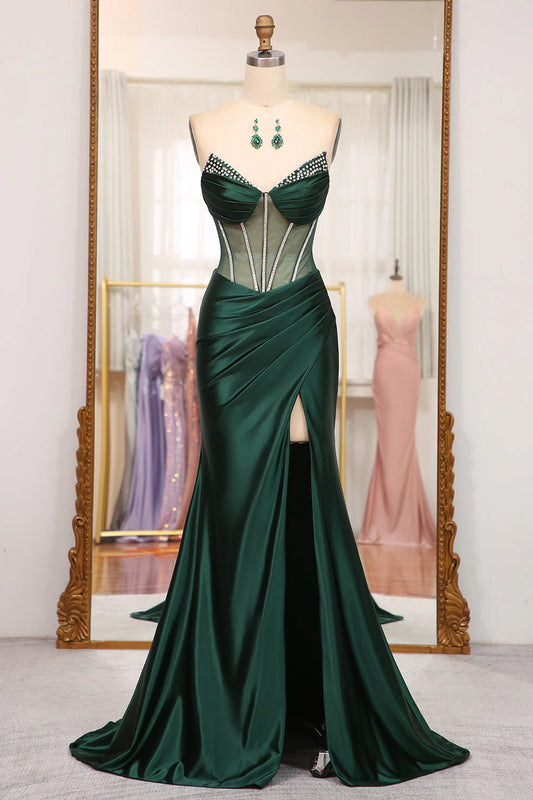 Dark Green Sweetheart Satin Mermaid Sleeveless Prom Dress Off Shoulder Sexy Evening Dress With Slit Wholesale