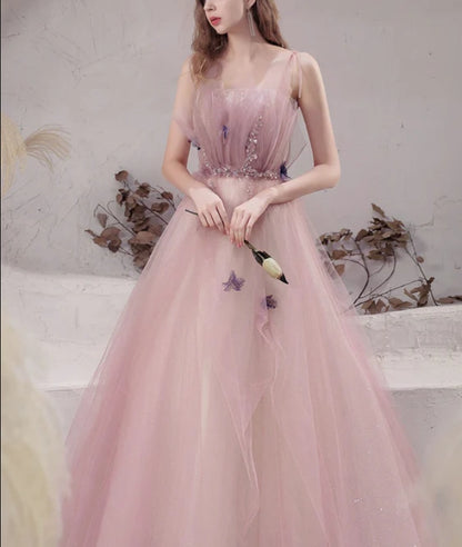 Pink Tulle with Beadings Spaghetti Strap Long Formal Dress Junior Prom Dress Charming Wholesale