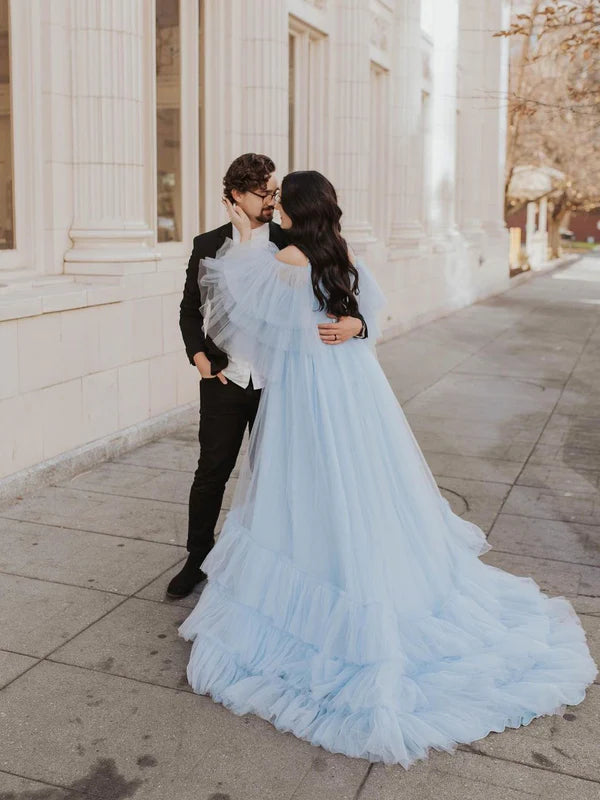 Elegant Spaghetti Straps Off-The-Shoulder Long Sleeves Tiered Tulle Sweep Train Prom Dresses Charming Wholesale