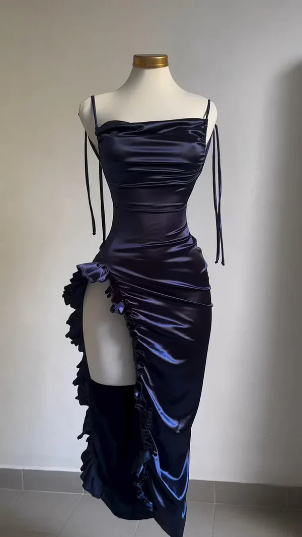 Aimishang Elegant Sheath Spaghetti Straps Backless Satin Prom Dress Formal Dress Evening Gown Simple Party Dress