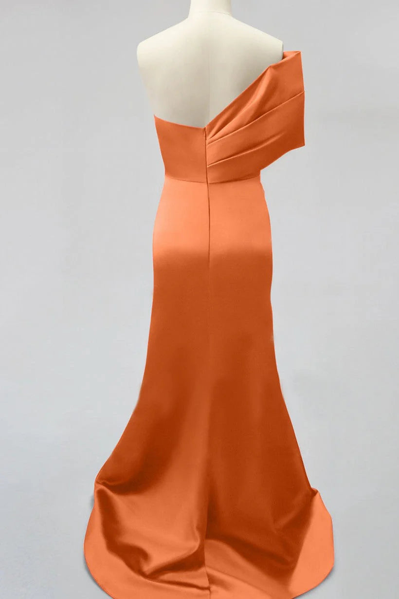 Orange Prom Dress Mermaid One Shoulder Evening Dress Sexy Party Dress With Slit Wholesale