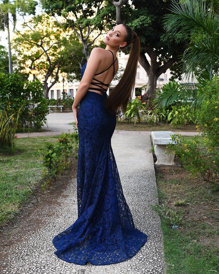 Navy Blue Lace Mermaid Evening Dress Floor Length Elegant Prom Dress december wedding guest dress Wholesale