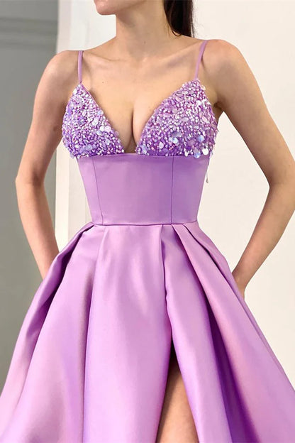 Lavender Spaghetti Straps Sequins A Line Evening Dress With Split Sexy Party Dress