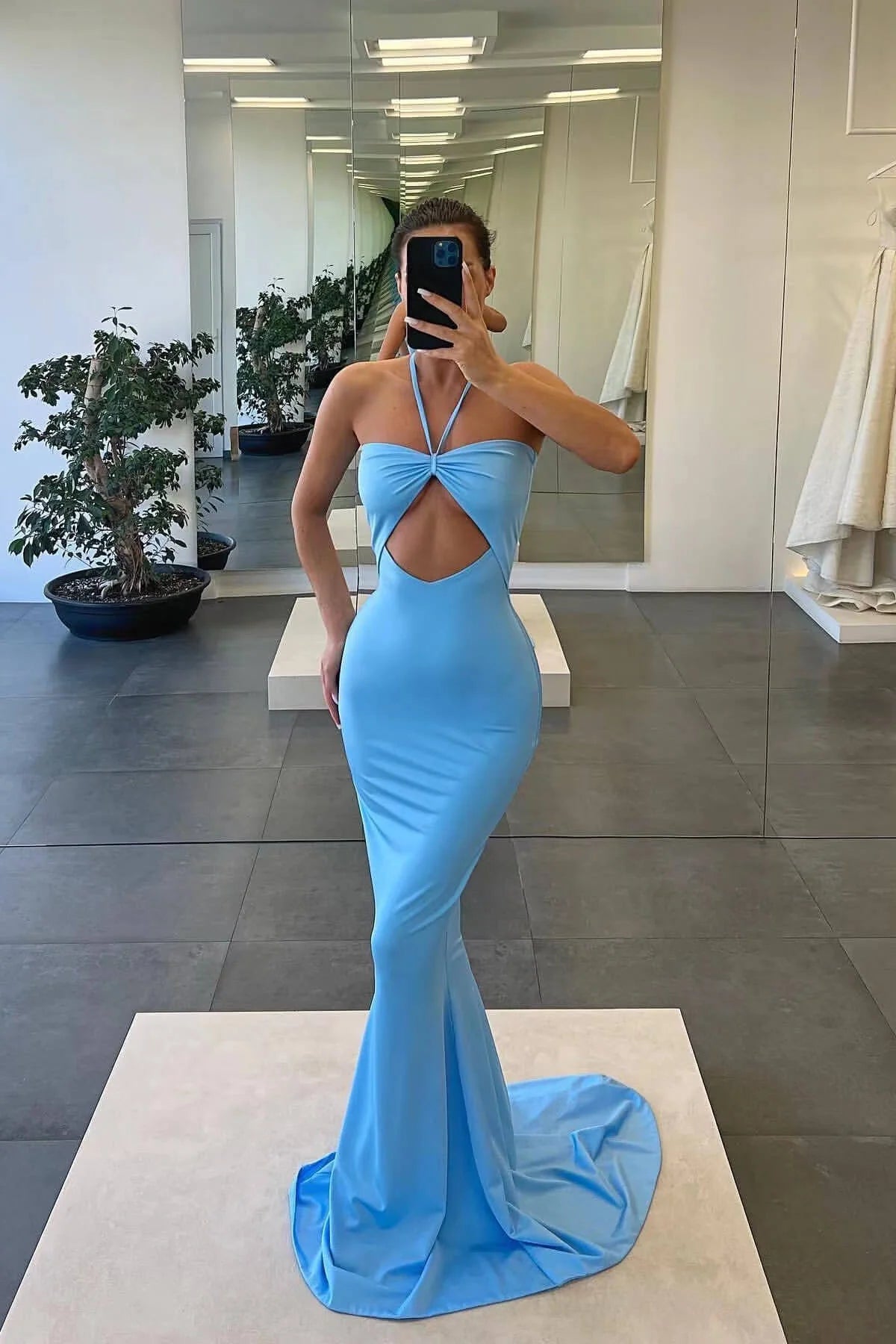 Wholesale Blue Halter Strapless Mermaid Evening Dress With Sleeveless Sexy Party Dress