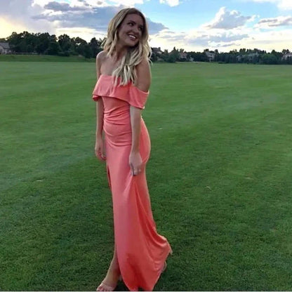 Coral Pink Off Shoulder Long Party Dress Wedding Guest Dress Formal Dress Wholesale