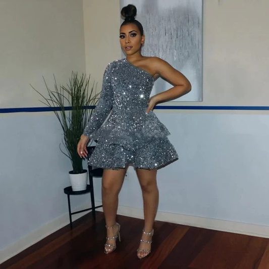 Aimishang A Line One Shoulder Homecoming Dress Sparkly Graduation Dress Short Prom Dress Birthday Party Dress