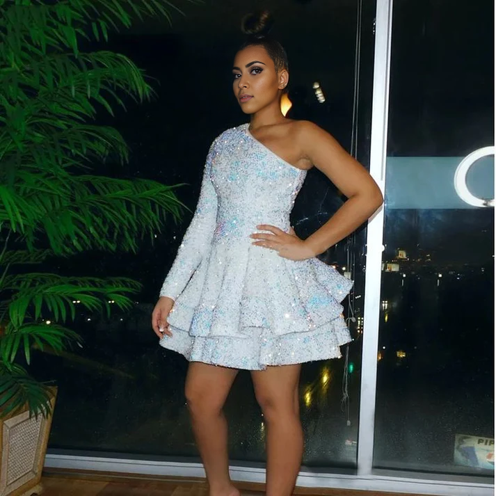 Aimishang A Line One Shoulder Homecoming Dress Sparkly Graduation Dress Short Prom Dress Birthday Party Dress