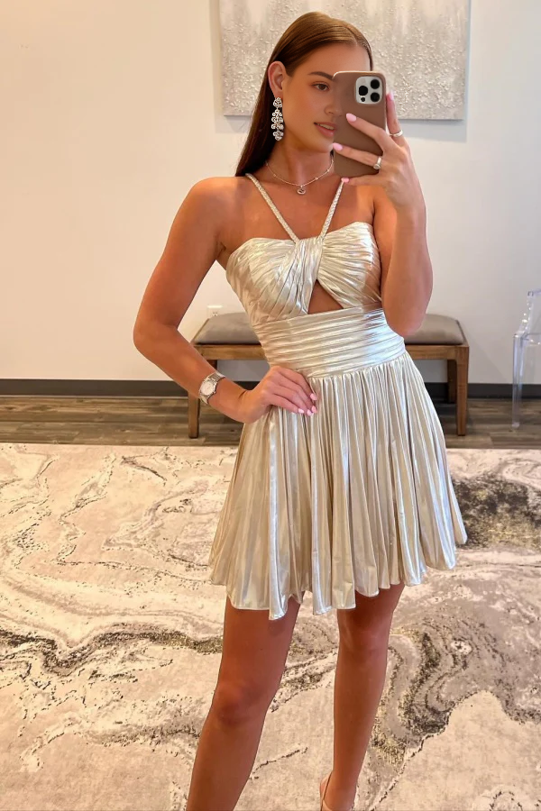 Aimishang Chic & Modern A-Line Halter Sleeveless Pleated Backless Homecoming Dress Short Graduation Dress Mini Party Dress