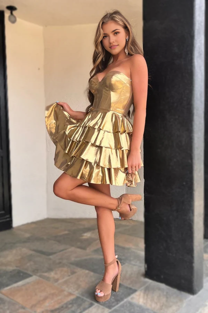 Aimishang Gorgeous A-Line Strapless Sleeveless Tiered Ruffles Homecoming Dress Short Graduation Dress Mini Evening Dress Birthday Party Dress