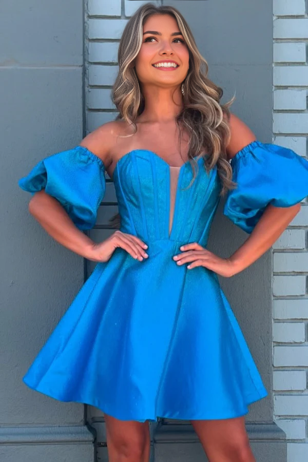 Aimishang A-Line Off Shoulder Puffy Sleeves Homecoming Dress Short Graduation Dress Lovely Birthday Party Dress