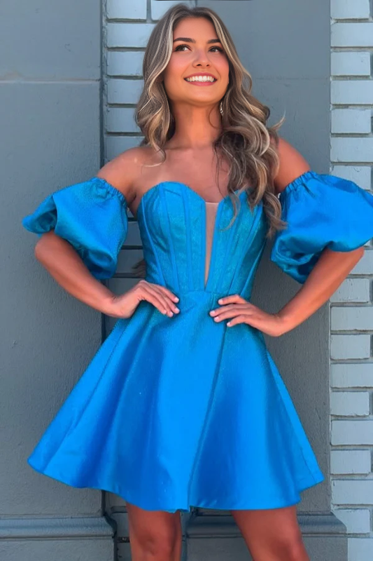 Aimishang A-Line Off Shoulder Puffy Sleeves Homecoming Dress Short Graduation Dress Lovely Birthday Party Dress