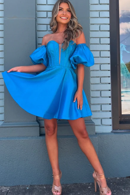 Aimishang A-Line Off Shoulder Puffy Sleeves Homecoming Dress Short Graduation Dress Lovely Birthday Party Dress
