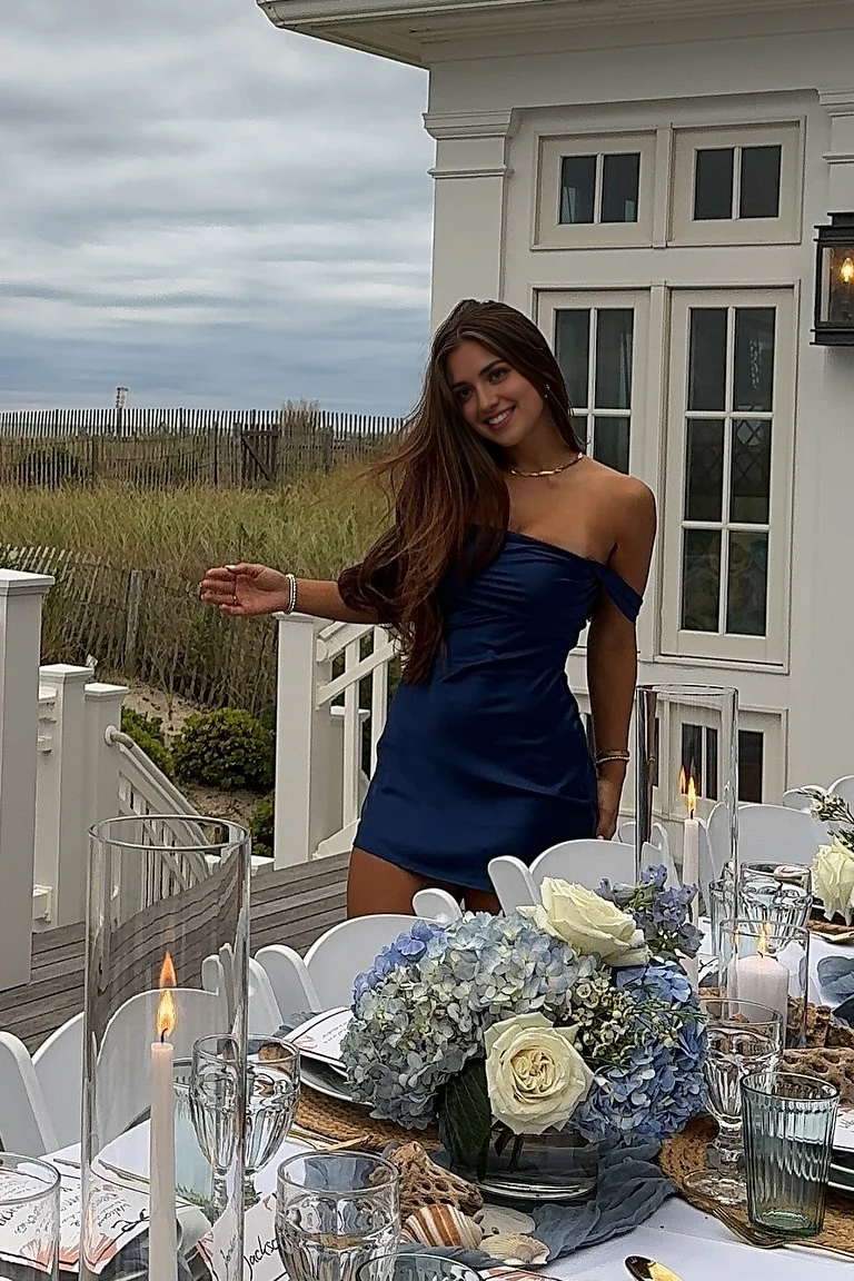 Aimishang Charming Off the Shoulder Satin Homecoming Dress Short Graduation Dress Cute Birthday Party Dress