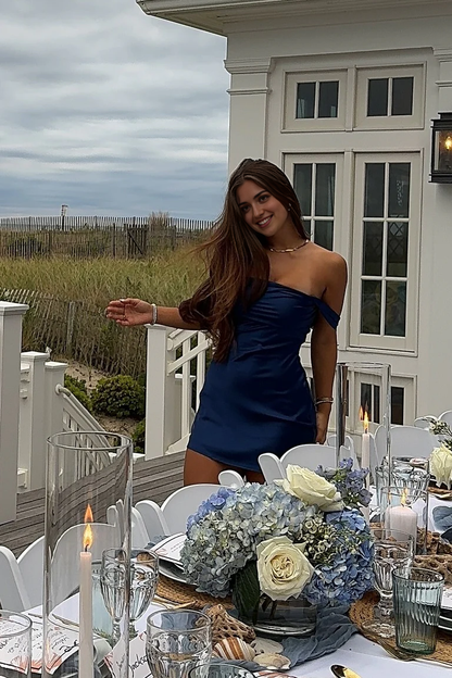 Aimishang Charming Off the Shoulder Satin Homecoming Dress Short Graduation Dress Cute Birthday Party Dress