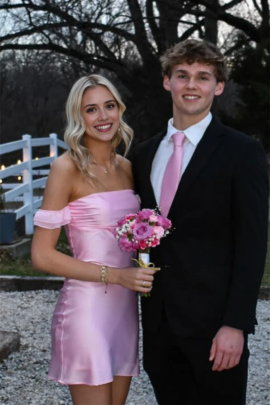 Aimishang Sweet Off the Shoulder Satin Sheath Short Homecoming Dress Lovely Graduation Dress Cute Birthday Party Dress