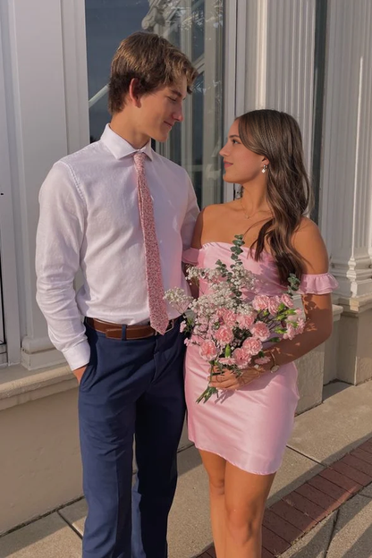 Aimishang Sweet Off the Shoulder Satin Sheath Short Homecoming Dress Lovely Graduation Dress Cute Birthday Party Dress