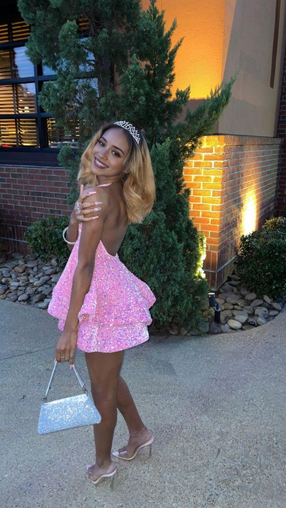 Aimishang Sweetheart V-neck Halter Homecoming Dress Sparkly Graduation Dress Charming Birthday Party Dress