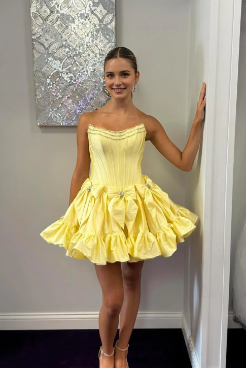 Aimishang Sweet A-line Strapless Short Party Dress with Bow Charming Homecoming Dress Graduation Dress