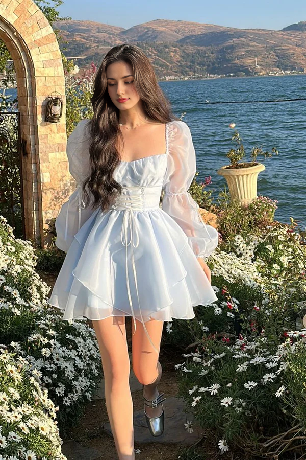 Aimishang Sweetheart A-line Princess Dress Long Sleeves Homecoming Dress Cute Birthday Party Dress Graduation Dress Short Prom Dress
