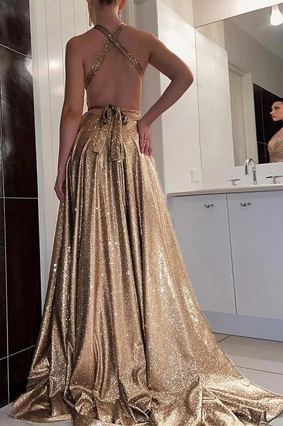 Champagne Formal Evening Dress Halter Floor Length Prom Dress V-neck Sparkly Sexy Wholesale