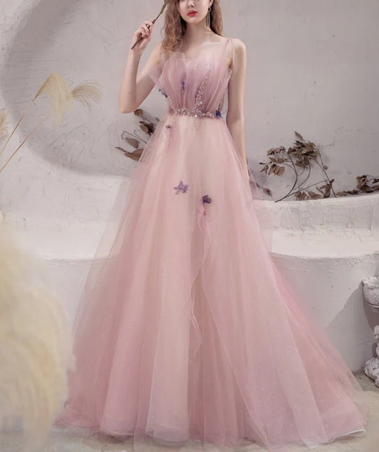 Pink Tulle with Beadings Spaghetti Strap Long Formal Dress Junior Prom Dress Charming Wholesale