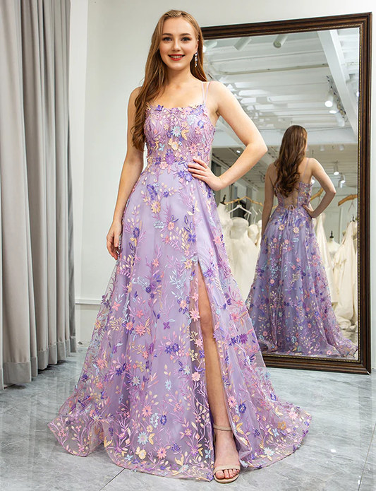 Aimishang Elegant A-Line Spaghetti Straps Long Prom Dress with Appliques Blue Flower Charming Evening Party Dress