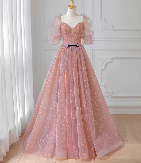 Pink Tulle Beautiful Puffy Sleeves Long Prom Dress A-line Evening Dresses Charming Wholesale