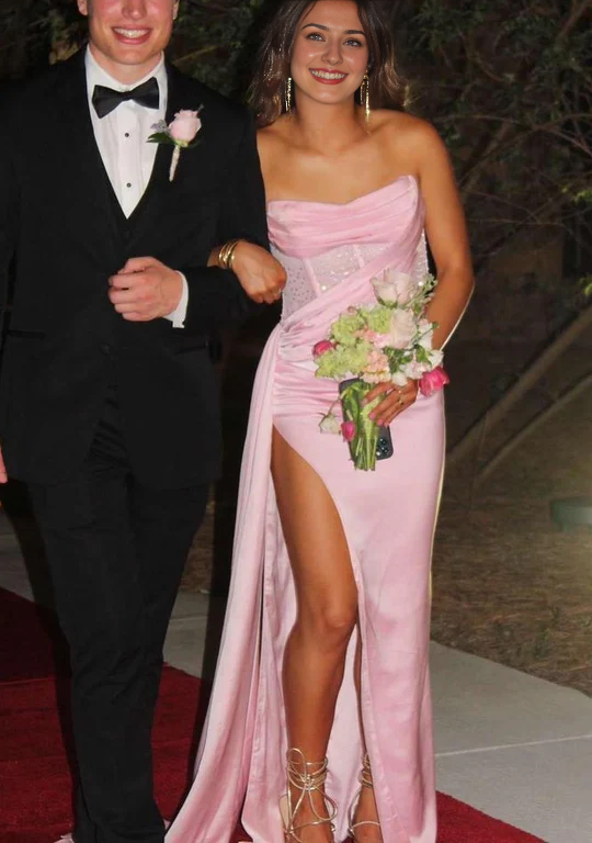 Aimishang Strapless Satin Sheath Long Prom Dress Elegant Formal Dress Evening Gown Charming Party Dress With Slit