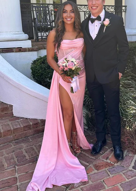 Aimishang Strapless Satin Sheath Long Prom Dress Elegant Formal Dress Evening Gown Charming Party Dress With Slit