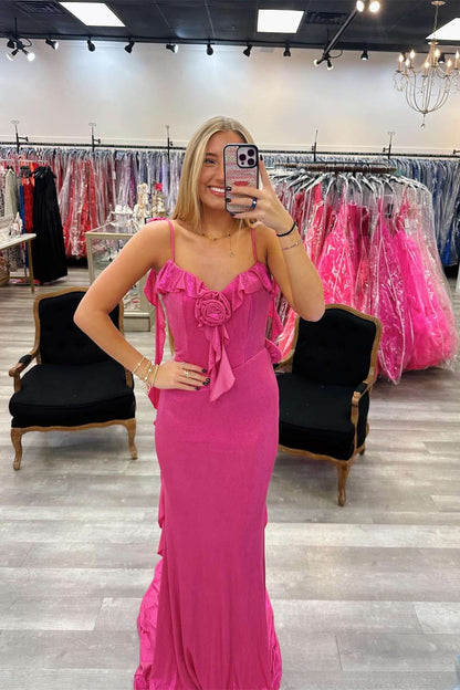 Aimishang Straps Hot Pink Open Back Prom Dress with Flowers Charming Evening Party Dress
