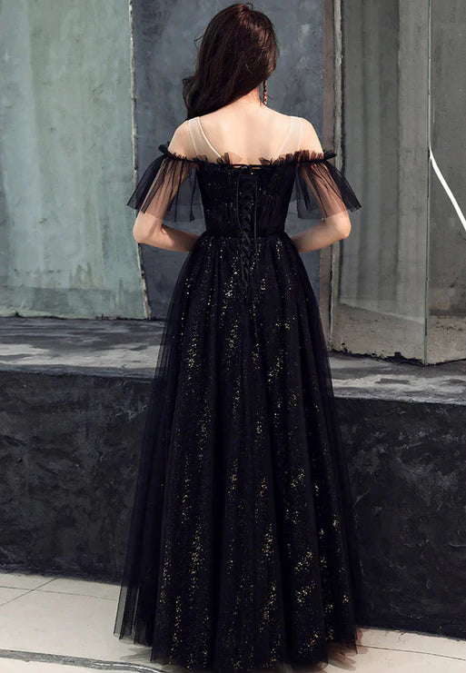 Black Off Shoulder Tulle Party Dress A-line Formal Dress Prom Dress Elegant Evening Dress