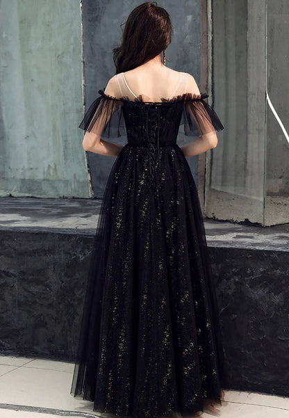 Black Off Shoulder Tulle Party Dress A-line Formal Dress Prom Dress Elegant Evening Dress